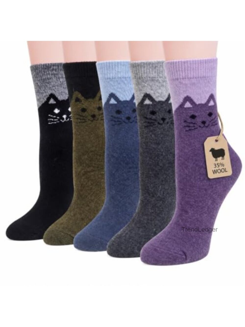 Wool Crew Socks Cat Animal Winter Warm Calf Socks 5 Pairs